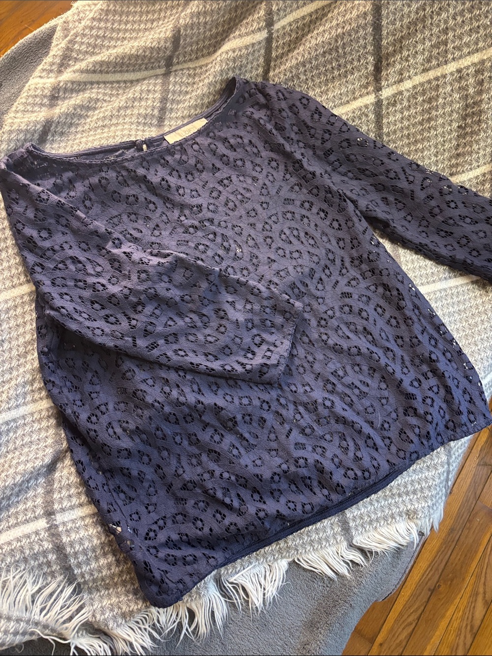 LOFT Navy Lace Panel Long Sleeve Top